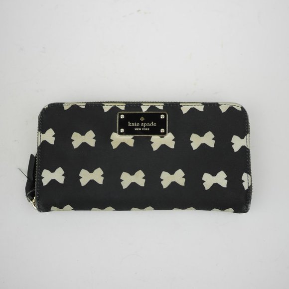 KATE SPADE New York wallet Black & beige bow print wallet full zip 7.5" x 4" - Picture 1 of 11